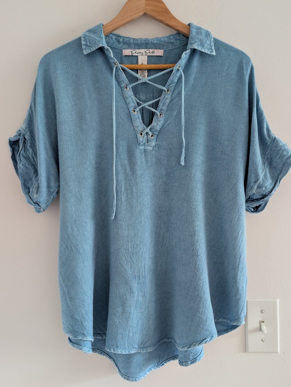 Casual Lace-Up Collared Tunic Top by in Dusty Blue